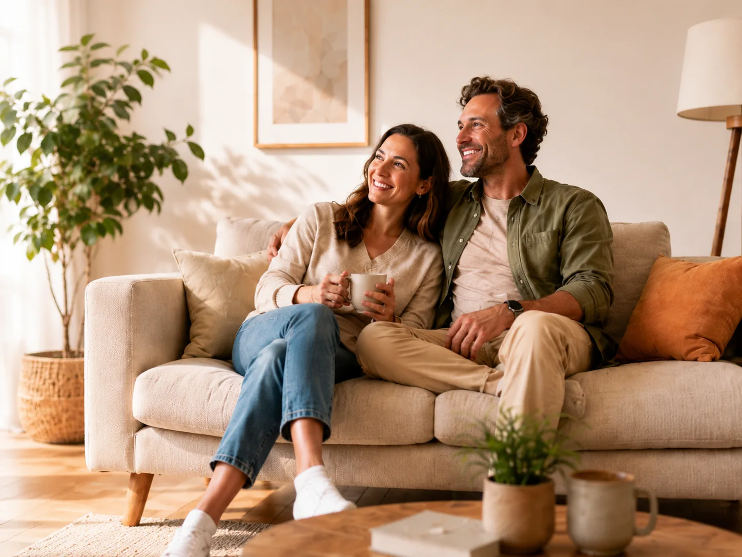 Couple relaxing on the sofa in their freshly painted living room