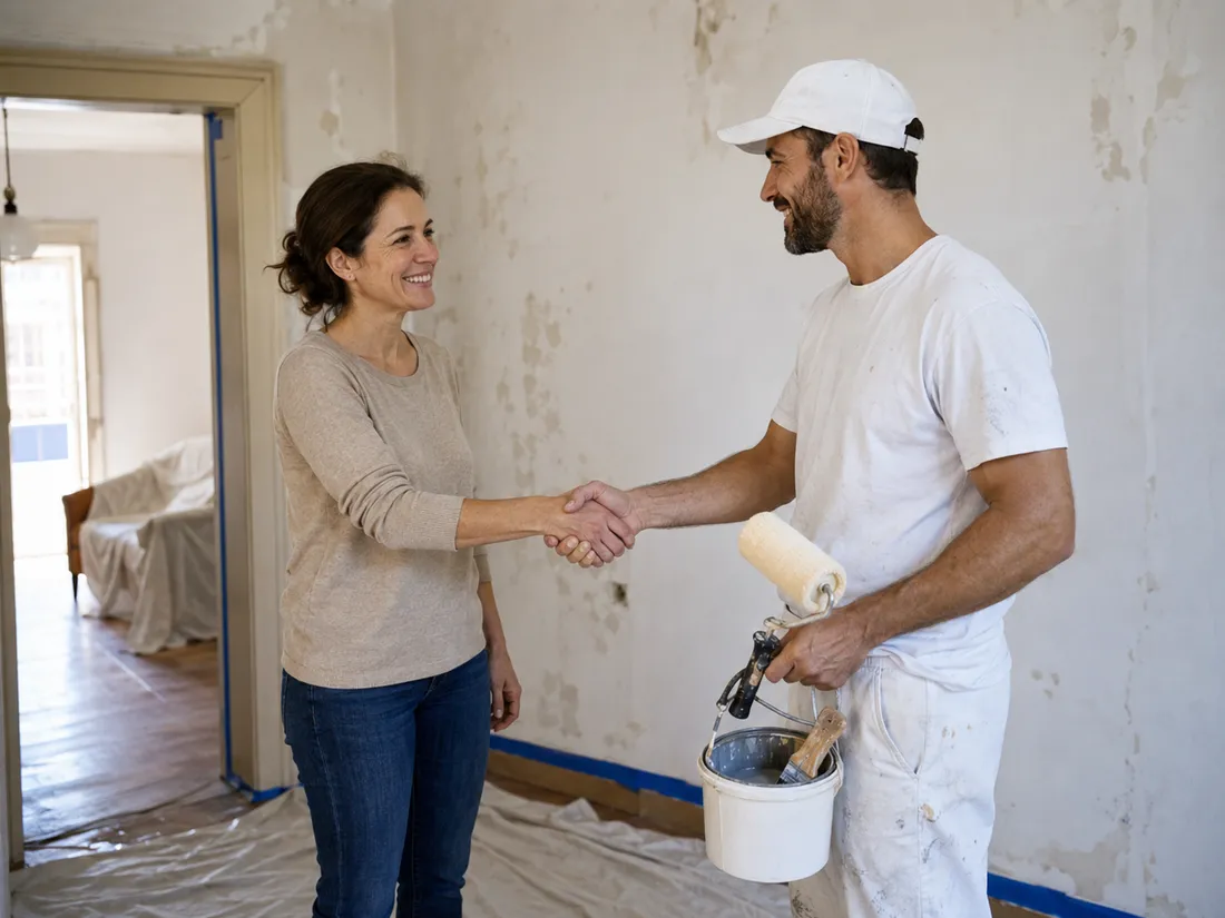 Painter shaking hands with a client before starting the job