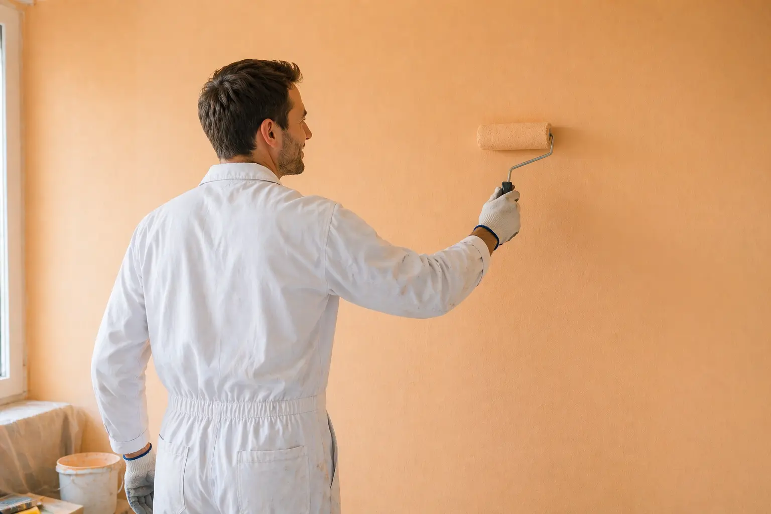 Painter rolling fresh paint onto a living room wall